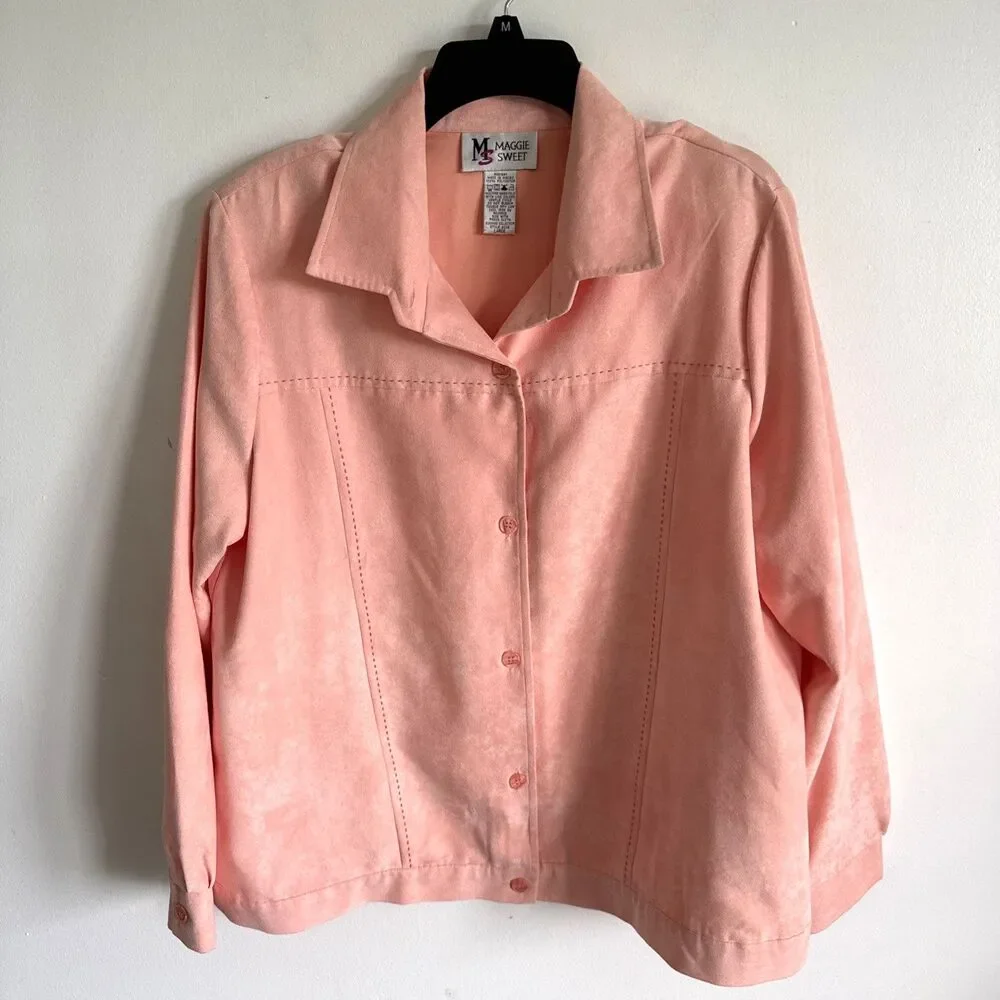 Vintage Maggie Sweet Collared Peach Orange Button Faux Suede Jacket Size Large